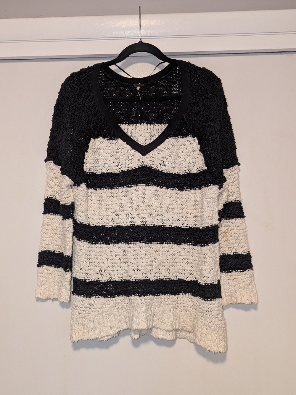 Free People Songbird Black and White Knit Boucle Striped Sweater